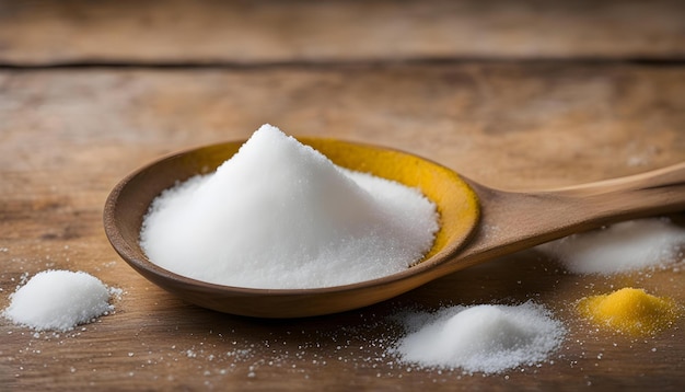 a wooden spoon with a bowl of sugar in it and a spoon with a yellow rim