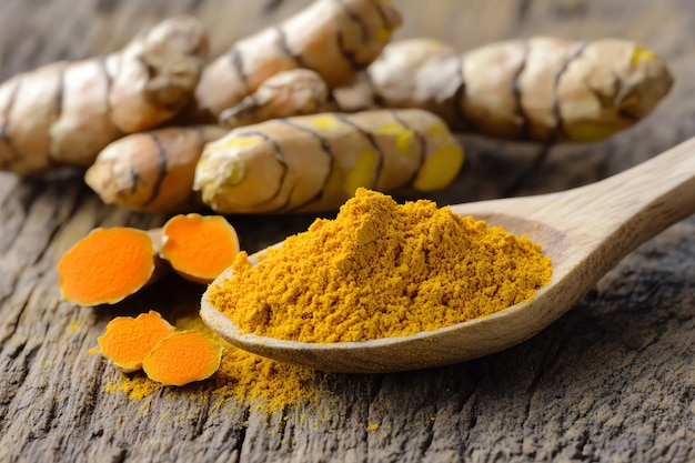 a wooden spoon with orange powder and some spices on it