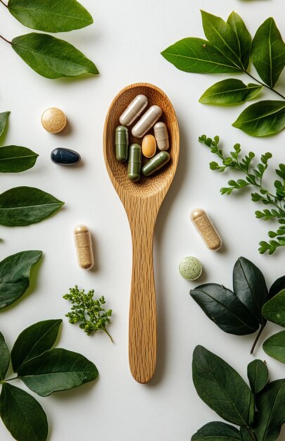 Photo wooden spoon with vitamins green leaves and organic capsules on clean white background