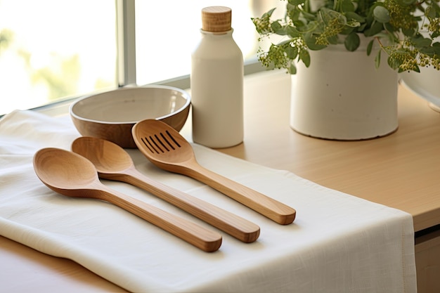 Wooden spoons and cutting board are being showcased alongside a plain white kitchen towel made of co