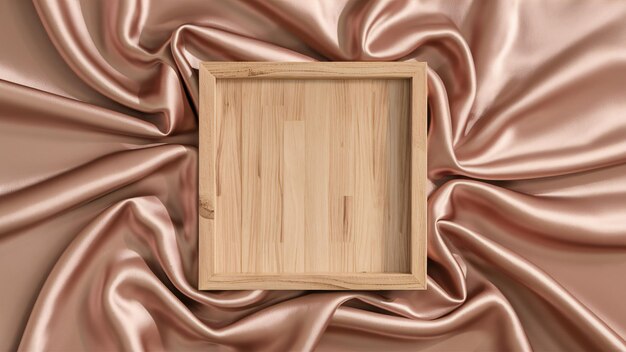 Wooden square box frame in the middle of elegant brown satin fabric background