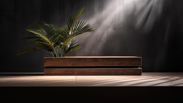 Wooden square podium in sunlight with plant dark background