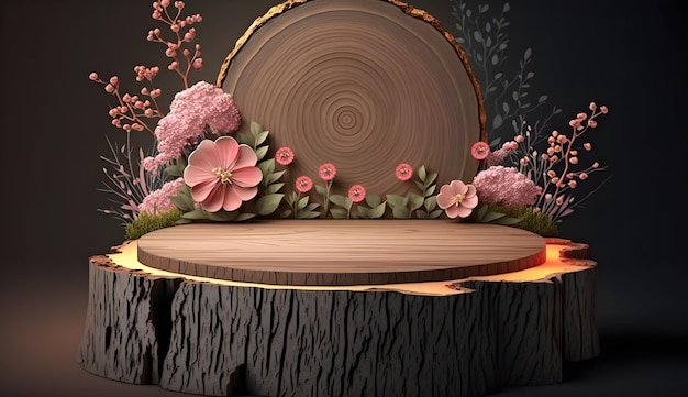 A wooden stage with flowers on it