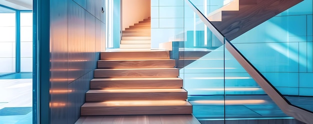 Wooden Stairs with Glass Railing in Modern Interior Photo