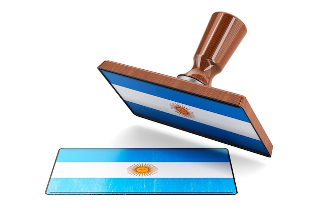 Wooden stamper seal with Argentinean flag 3D rendering