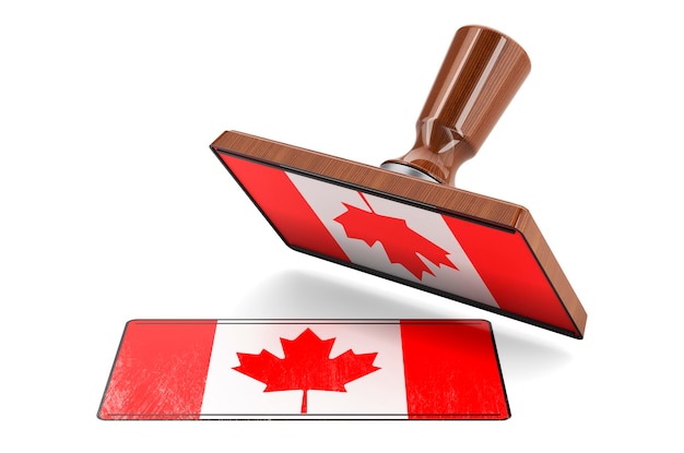 Wooden stamper seal with Canadian flag 3D rendering