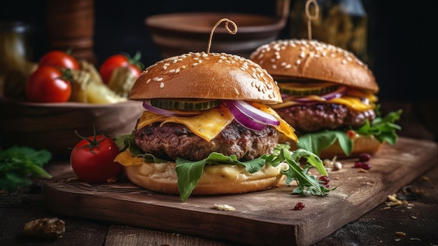 On a wooden stand delicious homemade burgers of beef cheese and vegetable blurred background and fire Al generated