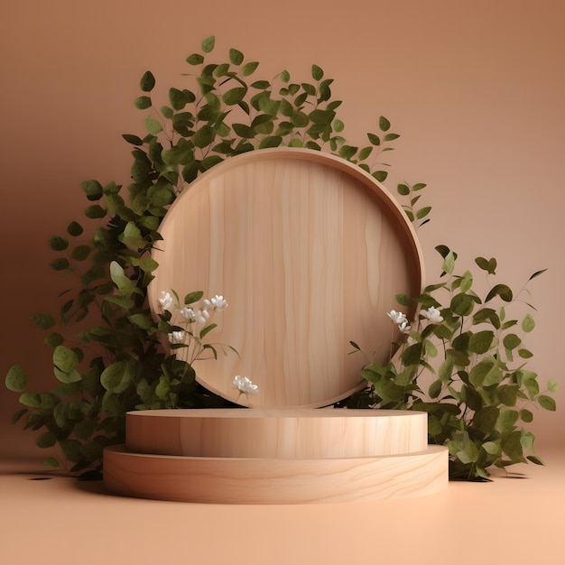 A wooden stand with a plant growing around it