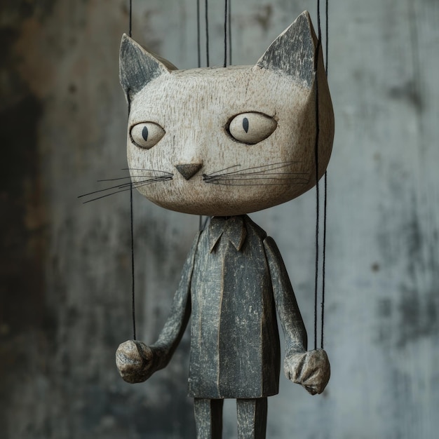 Photo a wooden statue of a cat hanging from a rope