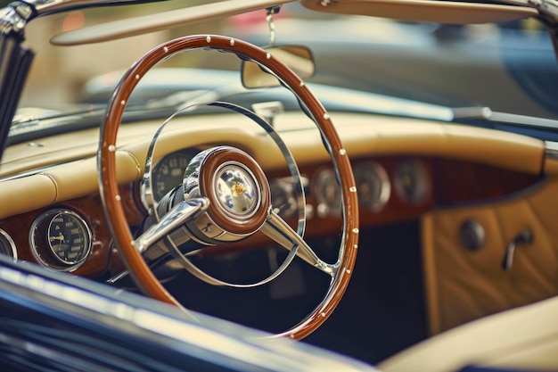 Wooden and steel steering wheel in luxury retro cabriolet car with beige leather interior