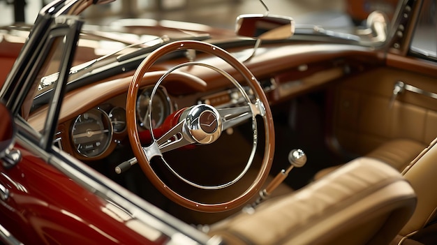 Photo wooden and steel steering wheel in luxury retro car old vintage concept