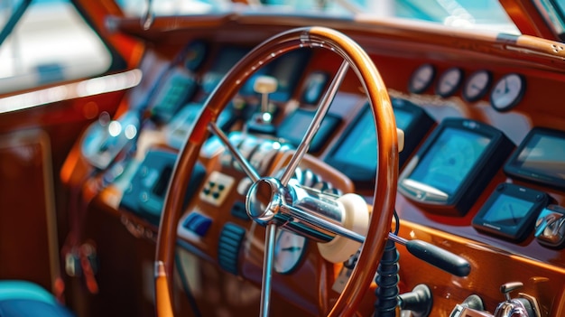 Photo wooden steering wheel and dashboard of a boat