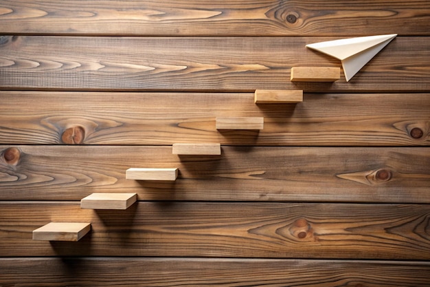 Photo wooden steps with different stages of making a paper airplane creating something from nothing success concept