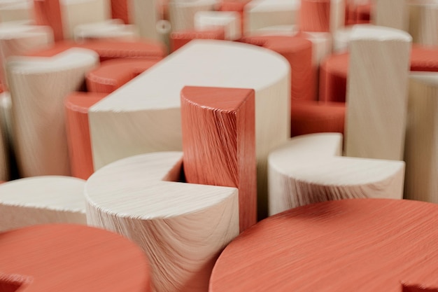 Wooden sticks red and white shapes close up 3d render