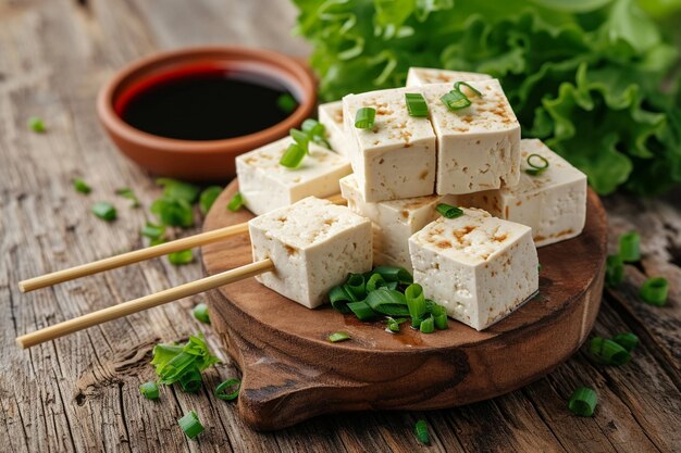 Wooden sticks with slices of tofu cheese and soy sauce on a wooden table