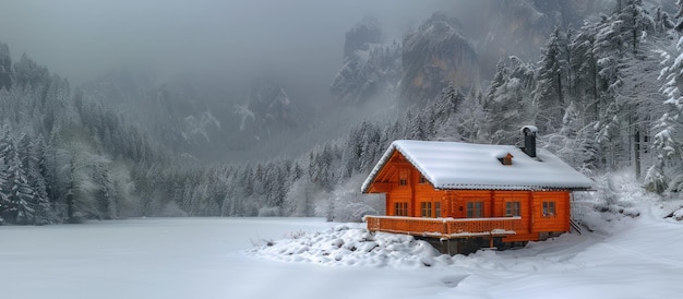 Photo wooden stilt house covered with snow in the mountains