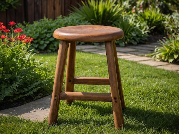 Photo wooden stool in the garden with green grass and plants background