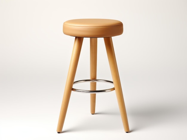 A wooden stool with a leather seat and a silver ring around the leg