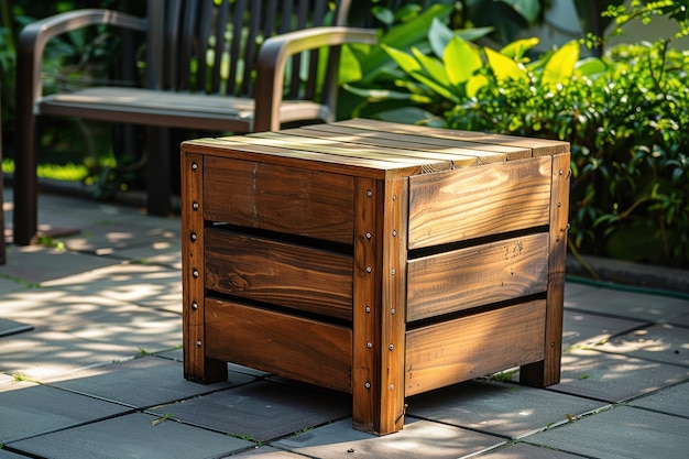 Wooden Storage Box on Patio in Sunny Daytime