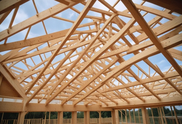 a wooden structure that has a wooden frame that says no roof