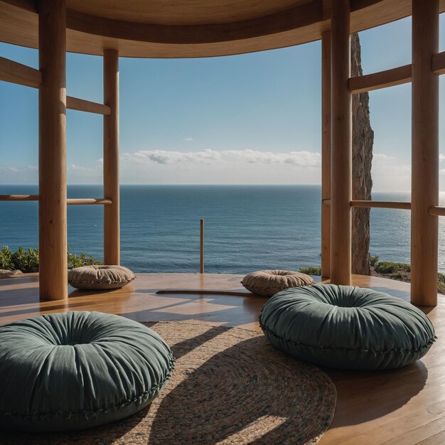 a wooden structure with round cushions on it and a large window in the background