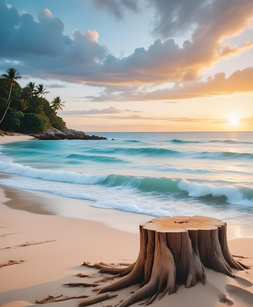 A wooden stump on a sandy beach with a tropical ocean and sunset sky in the background