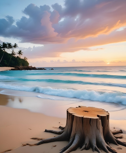 A wooden stump on a sandy beach with a tropical ocean and sunset sky in the background