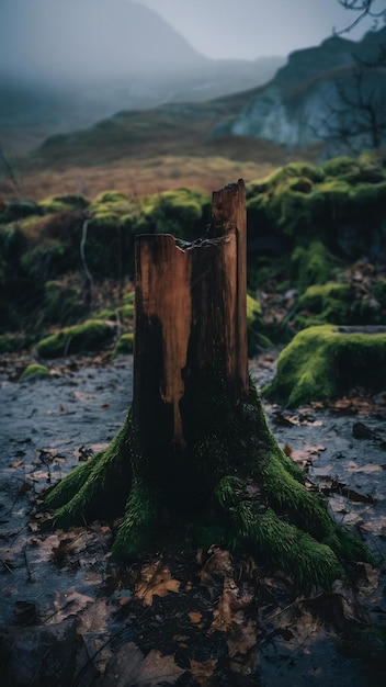 Wooden stump at wet forest in carpathian mountns