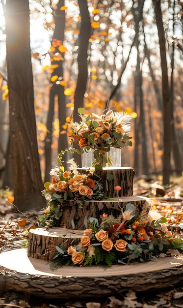 Photo a wooden stump with flowers on it and a wooden stump with a tree stump in the middle