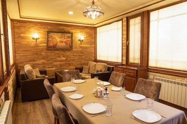 Wooden style restaurant banquet event room interior