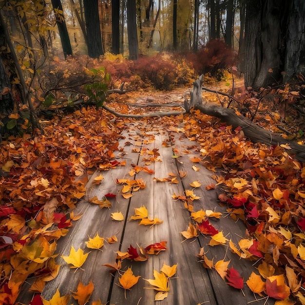 Photo wooden surface and autumn forest