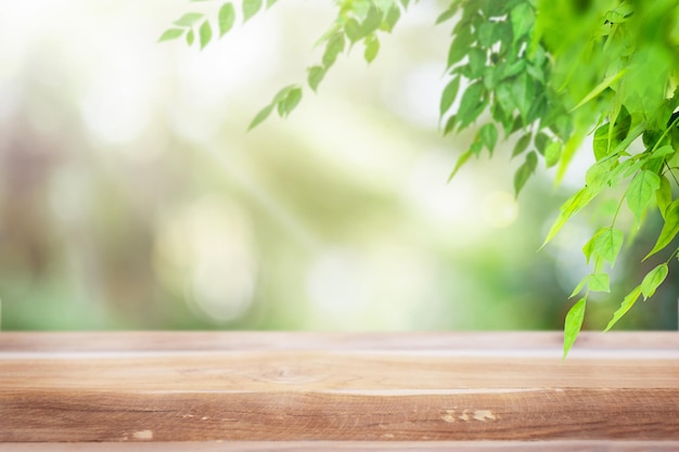 Wooden surface with nature fresh summer green leaves background