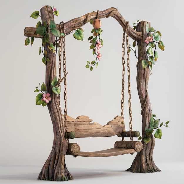 Photo wooden swing decorated with flowers and leaves on a white background