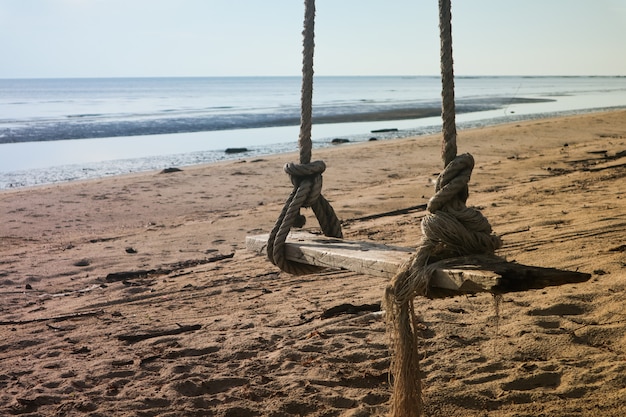 Wooden swing hanging on the beach. 