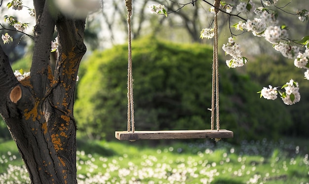 Photo wooden swing hanging from blossoming tree