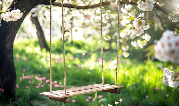 Photo wooden swing hanging from blossoming tree