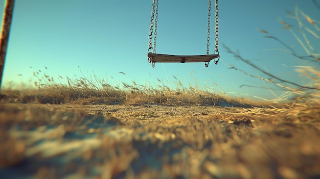 Photo wooden swing hanging from chains in the middle of a field with long grass with a blurred background