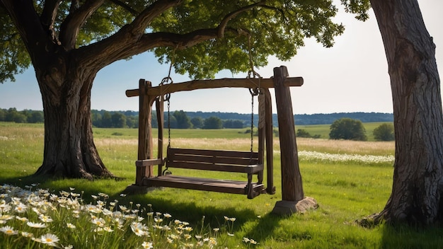 Photo wooden swing hanging from a large oak tree gently swaying in a sunny serene meadow