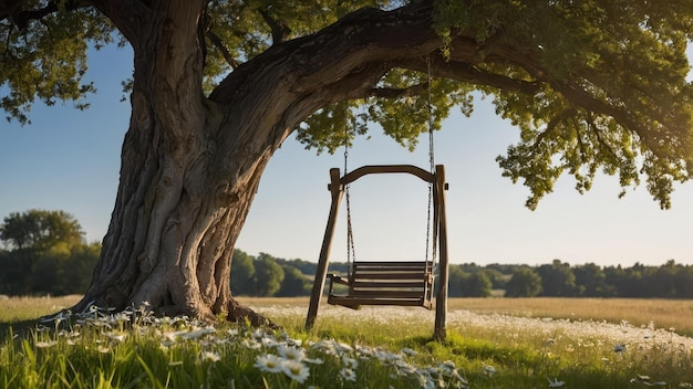 Photo wooden swing hanging from a large oak tree gently swaying in a sunny serene meadow