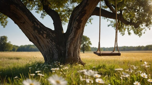 Photo wooden swing hanging from a large oak tree gently swaying in a sunny serene meadow