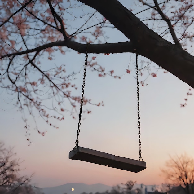 Photo a wooden swing hanging from a tree in the sunset