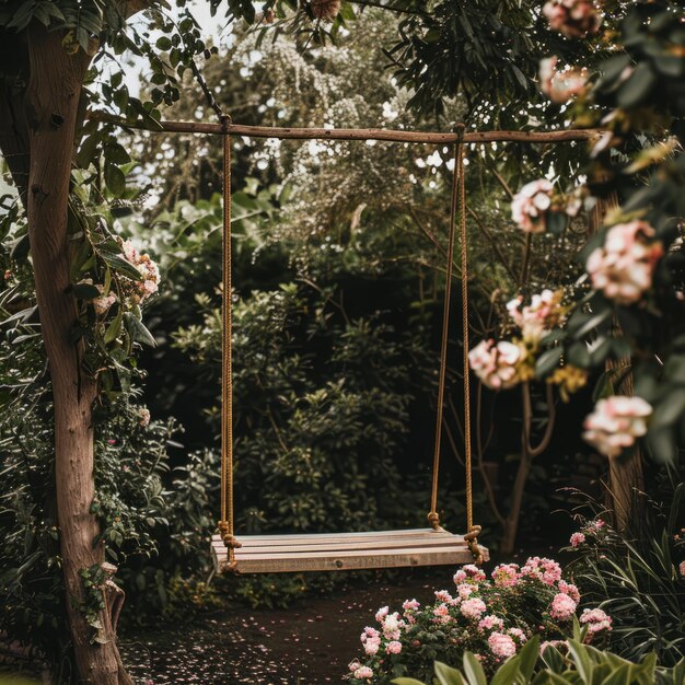 Photo a wooden swing hangs from a tree branch in a lush garden setting