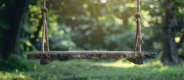 Photo a wooden swing is suspended from a tree branch