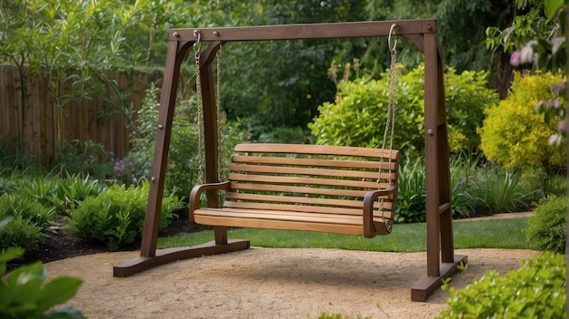 Wooden swing in a lush garden setting