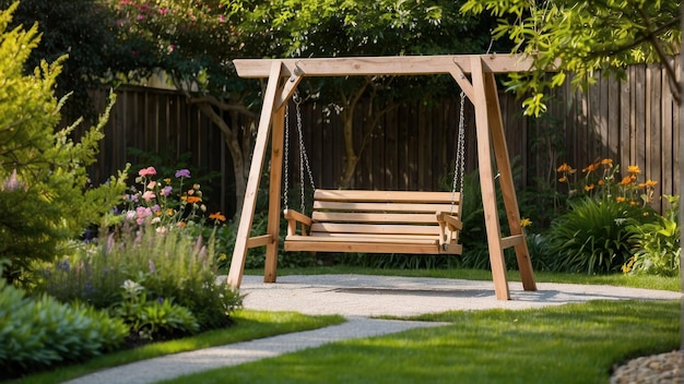 Wooden swing in a lush garden setting