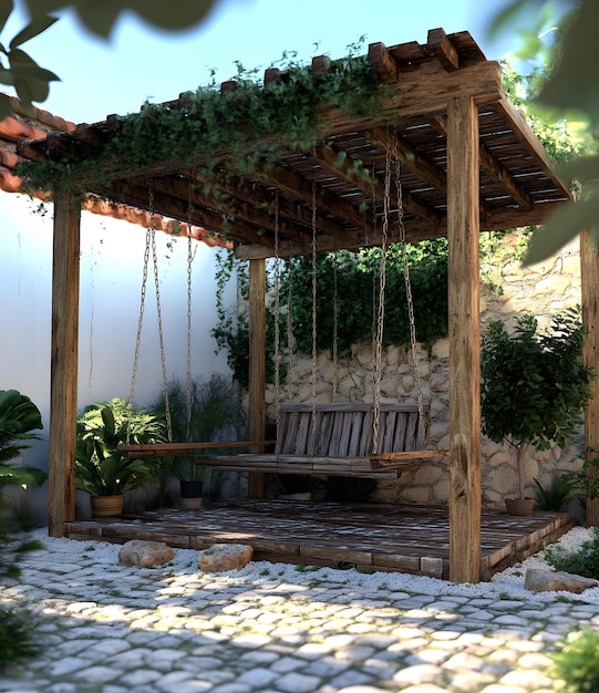 Photo wooden swing under a pergola with vines