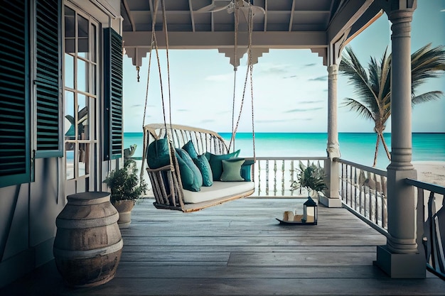 Wooden swing on the terrace overlooking the seagenerative ai