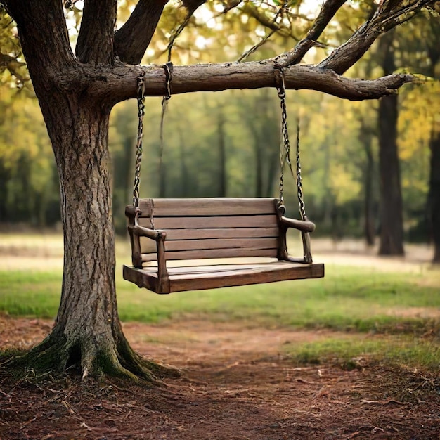 a wooden swing that has a wooden seat that says  no one is sitting on it