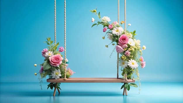 a wooden swing with flowers on it and a blue background