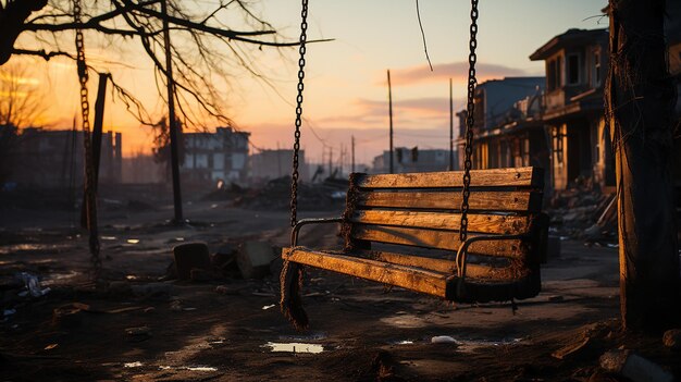 Wooden Swing in the Yard Against the Backdrop